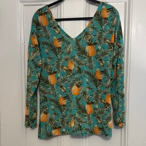Tropical Pineapple V-Neck Long Sleeve Top - Open/Knot Tie Back (Size Small)